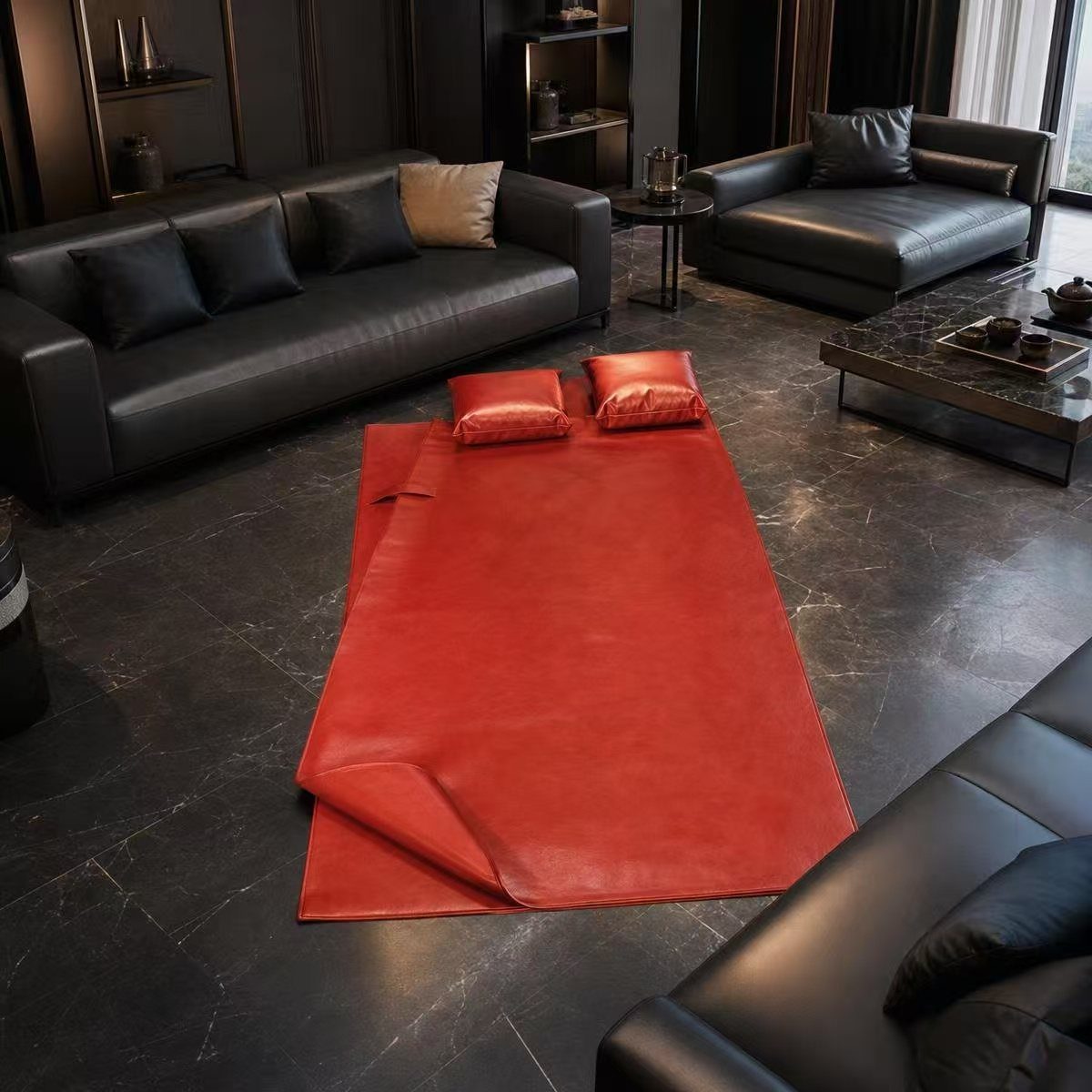 Dark interior with red cowhide rug