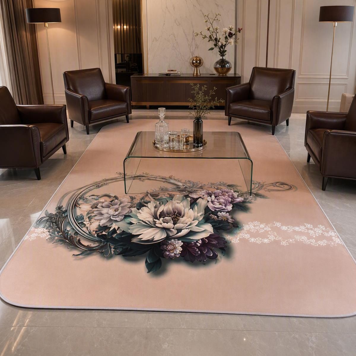 Floral printed cowhide rug in a living room