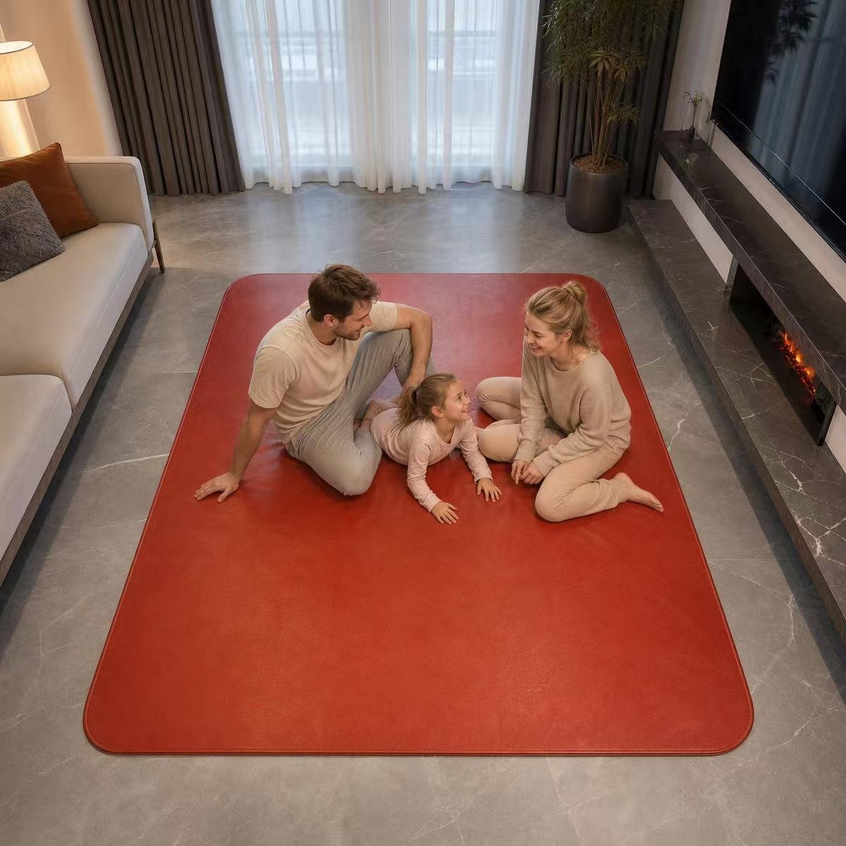 Children playing on a cowhide rug